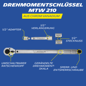 MICHELIN Drehmomentschlüssel MTW 210 Inklusive Stecknüssen, Adapter und Verlängerung